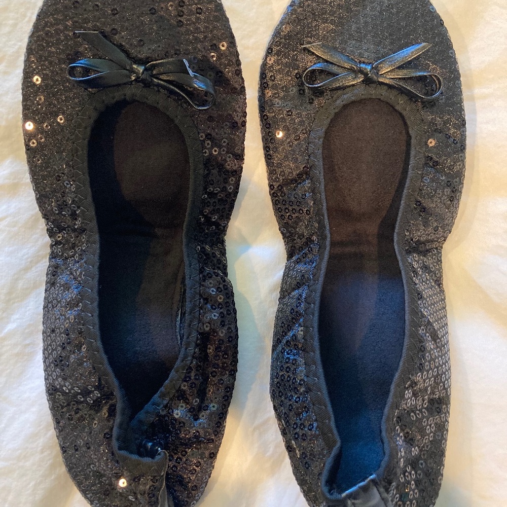 NEW Large black sequin foldable flats with clutch